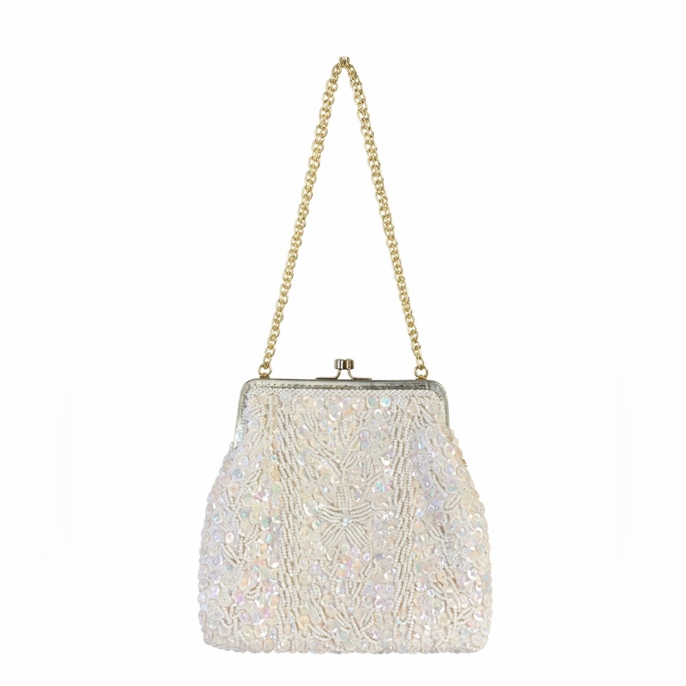 VINTAGE Women's Cream Sequin Pearl Beaded Clutch with Gold Chain Kisslock Bag